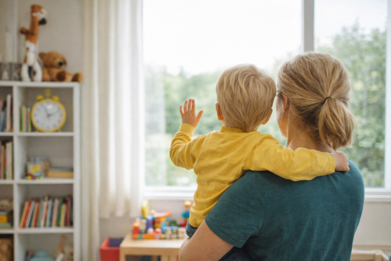 lapsi vilkuttaa sylissä